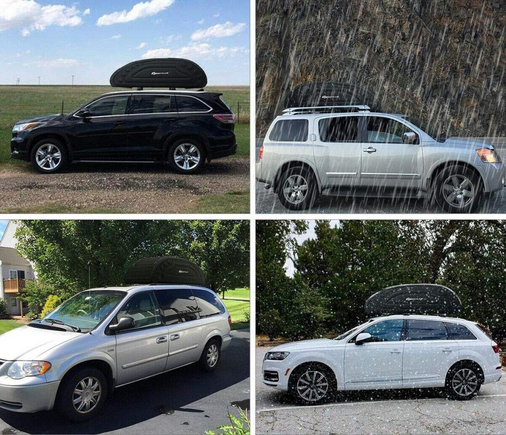 A multiple image of cars with the cargo roof box